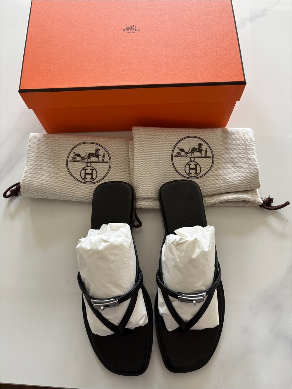 Hermes miss sandal Black Leather Thong Sandals with Silver Hardware